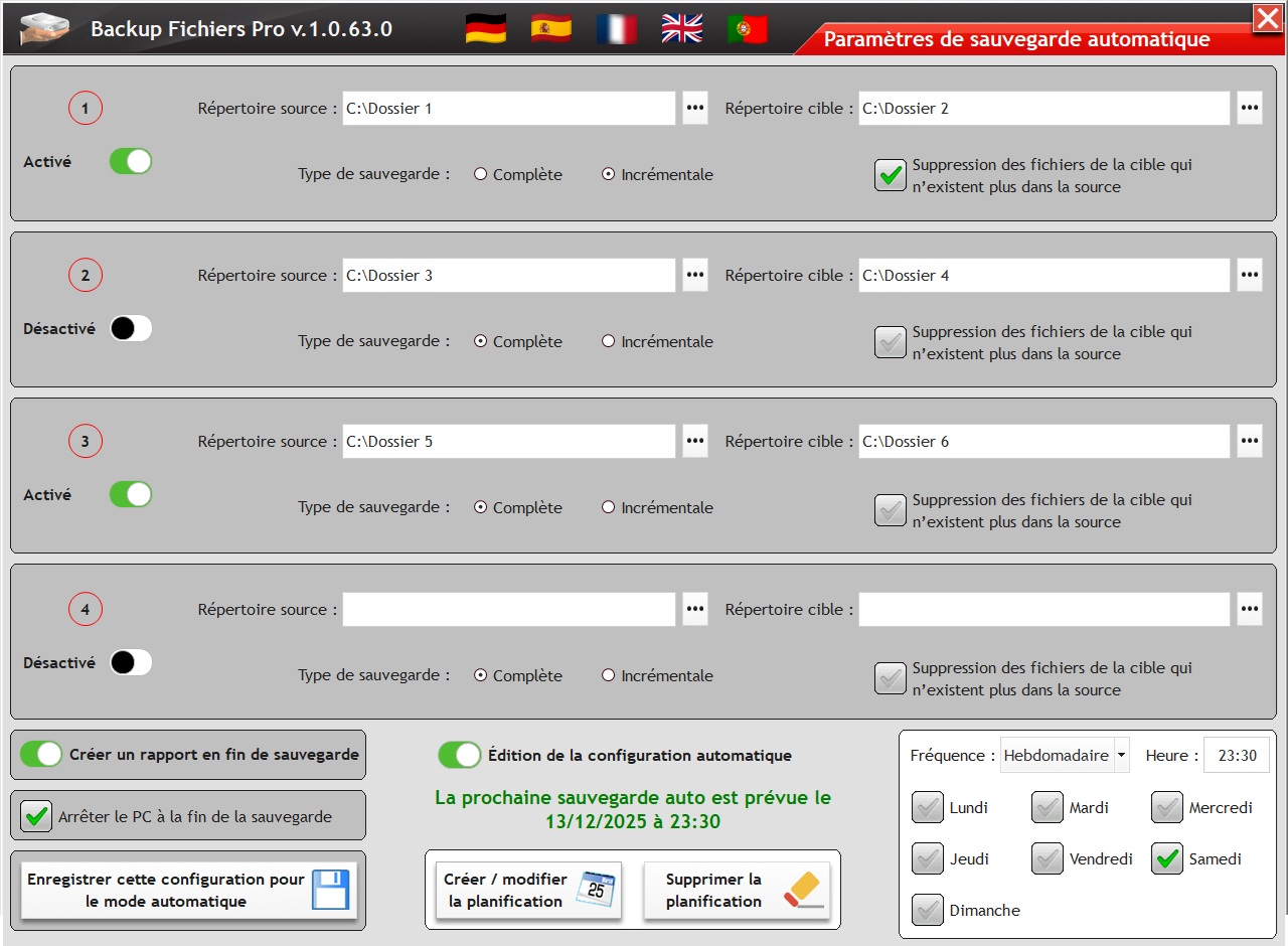 Capture d’écran de BackupFichiersPro en français